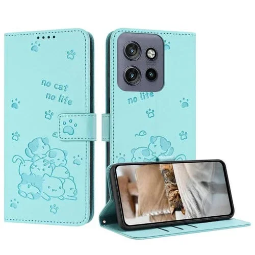 Funda de Piel para Motorola Moto G Power/G Play (2025) con Diseño de Gatito en Relieve y Cordón (Verde Menta)