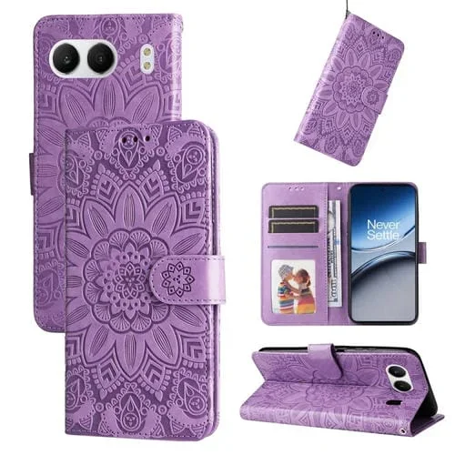 Funda de Piel para OnePlus Nord 4 con Estampado de Girasoles en Relieve (Morado)