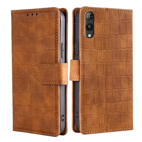 Funda de Piel para Rakuten Hand 5G con Cierre Magnético y Tacto Cocodrilo (Marrón)