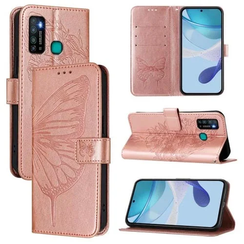 Funda de Piel para Tecno Camon 15 con Diseño de Mariposa En Relieve (Oro Rosa)