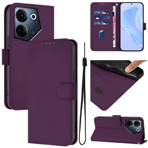 Funda de Piel para Tecno Camon 20 Pro 4G con Textura Liso y Cordón (Violeta)
