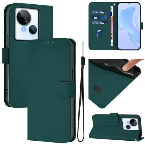 Funda de Piel para Tecno Spark 10 5G con Textura Lisa y Cordón (Verde Oscuro)
