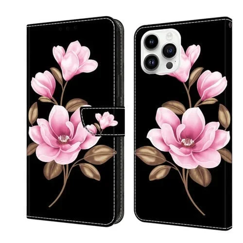 Funda de Piel Pintada Fresca para iPhone 16 Pro (Flores Negras)