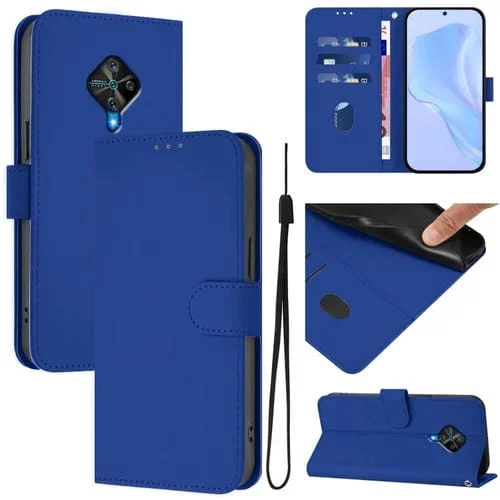 Funda de Piel Sintética con Cordón para Teléfono Vivo Y53S 4G/Y51A 2021 (Azul Oscuro)