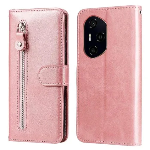Funda de Piel Textura Becerro con Cremallera para Honor 300 Ultra (Oro Rosa)