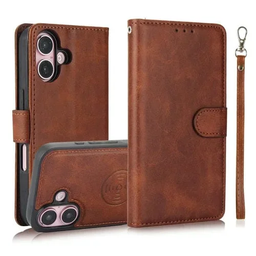 Funda de Piel Textura de Becerro 2 En 1 Desmontable con Tapa Trasera Magnética para iPhone 16 (Marrón)