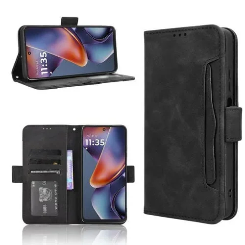 Funda de Piel Textura de Becerro para Motorola Moto G 5G (2025) con Ranuras para Tarjetas (Negro)