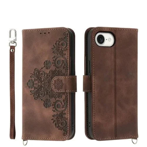 Funda de Piel Tipo Billetera con Relieve de Flores para iPhone 16E (Marrón)