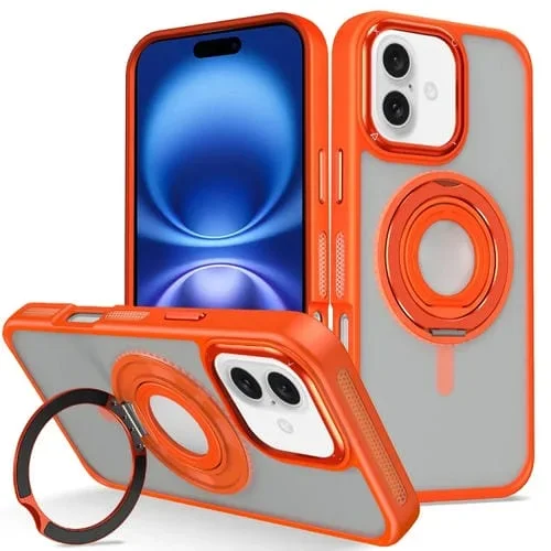 Funda de Silicona con Anillo Giratorio 360 Grados para iPhone 16 Plus (Naranja)