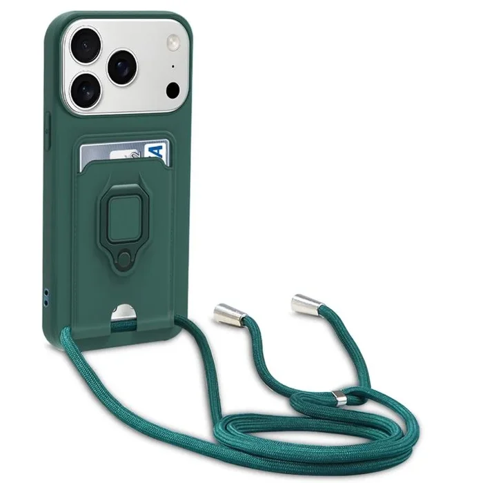 Funda de silicona con soporte magnético para tarjetas y correa deslizante para iPhone 17 Pro (verde noche oscuro)