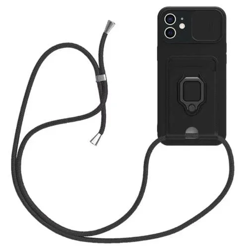 Funda de Silicona iPhone 12 Soporte Magnético Tarjeta Deslizante Camshield con Cordón (Negro)