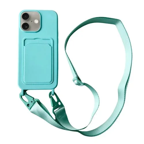Funda de Silicona Líquida para iPhone 16 con Ranura para Tarjetas y Cordón (Verde Menta)