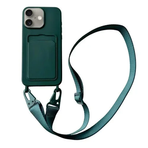 Funda de Silicona Líquida para iPhone 16 Plus con Ranura para Tarjetas y Cordón (Verde Oscuro)