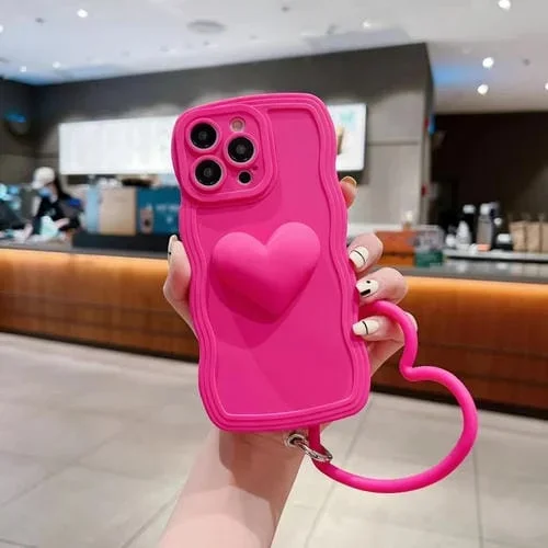 Funda de Silicona para iPhone 12 Mini 3D Heart Skin-Feel con Muñequera (Rose Red)