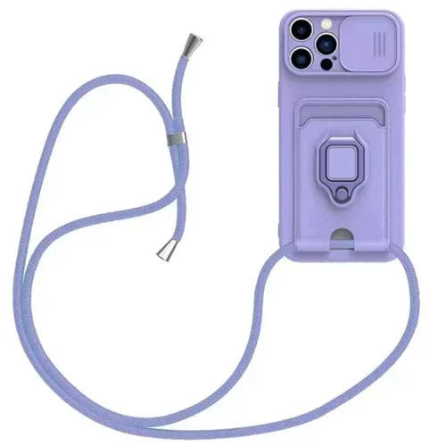 Funda de Silicona para iPhone 12 Pro Sliding Camshield PortaTarjetas Magnético con Cordón (Púrpura Claro)