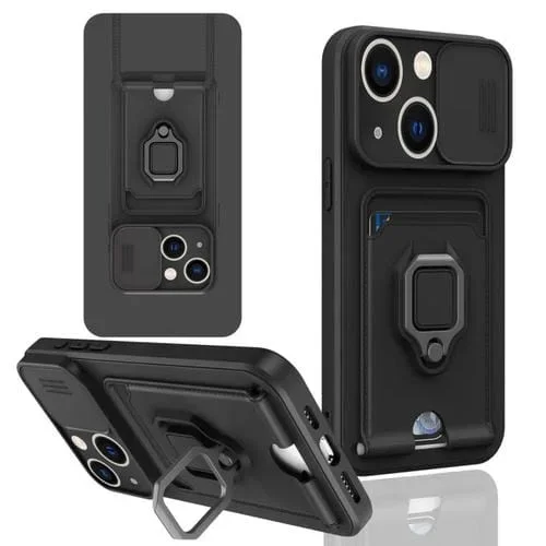 Funda de Silicona para iPhone 13 con Soporte Magnético para Tarjeta y Camshield (Negro)