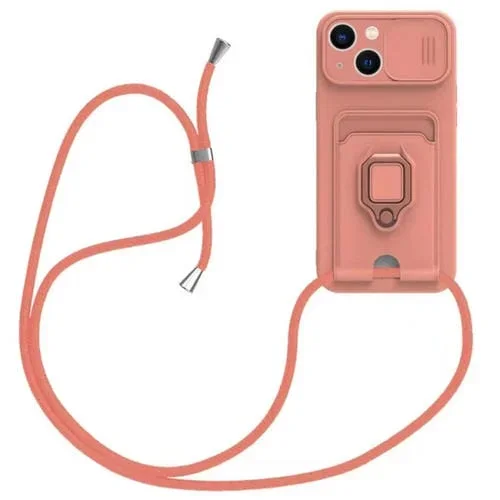 Funda de Silicona para iPhone 13 con Soporte Magnético Tarjeta Deslizante Camshield Cordón (Rosa)