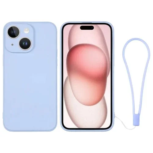 Funda de Silicona para iPhone 15 Plus con Correa para la Muñeca (Azul Claro)