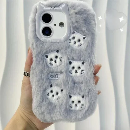 Funda de Silicona para iPhone 16 Plus con Bordado de Gato (Gris)