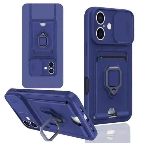 Funda de Silicona para iPhone 16 Soporte para Tarjetas Magnético Deslizante Camshield (Azul Marino)