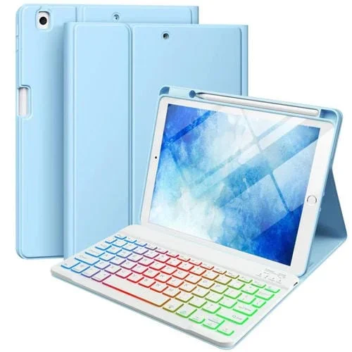 Funda de silicona y cuero con teclado Bluetooth para iPad Pro 11 2024 con ranura para bolígrafo (azul cielo)