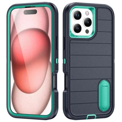 Funda de Silicona y PC Defender Gen2 para iPhone 16 Pro Max con Soporte (Azul Oscuro y Cian)