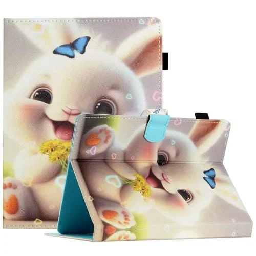 Funda de Tablet de Cuero con Costuras y Dibujo de Conejo 8 Pulgadas