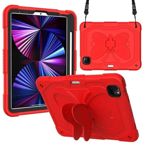 Funda de Tableta PC + Silicone para iPad Pro 11 2018 2020 2021 y Air 2020 10.9 con Soporte Mariposa y Ranura Bolígrafo (Rojo)