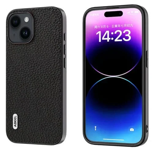 Funda de teléfono Abeel iPhone 15 Plus con textura de Litchi de cuero genuino (Negro)