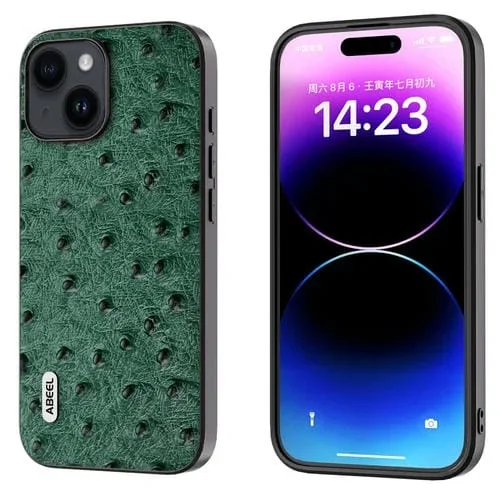 Funda de teléfono Abeel para iPhone 15 Plus con textura de avestruz de cuero genuino (Verde)