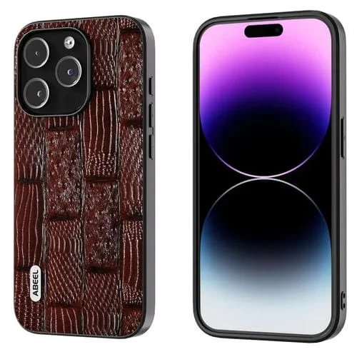 Funda de teléfono Abeel para iPhone 15 Pro Max con patrón Mahjong de cuero genuino con borde negro (Marrón)