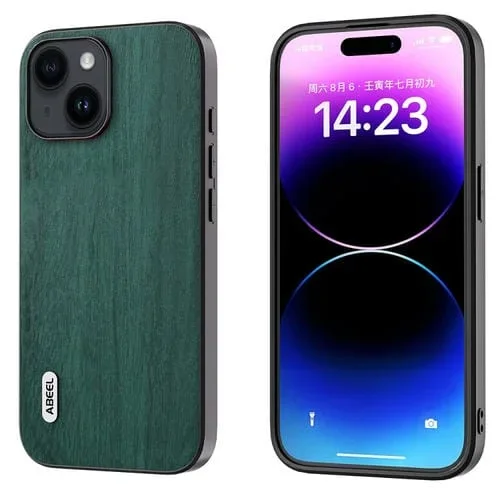 Funda de Teléfono Abeel para iPhone 15 Pu con Textura de Madera (Verde)