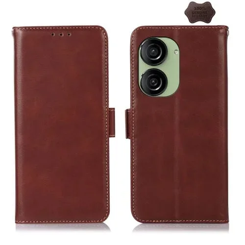 Funda de Teléfono Asus Zenfone 10 / 9 Cuero Genuino Rfid Textura Magnética Crazy Horse (Marrón)