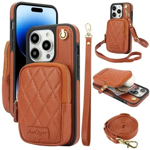Funda de teléfono Awquer Crossbody Wallet Bag para iPhone 14 Pro de cuero de Lichi (Marrón)