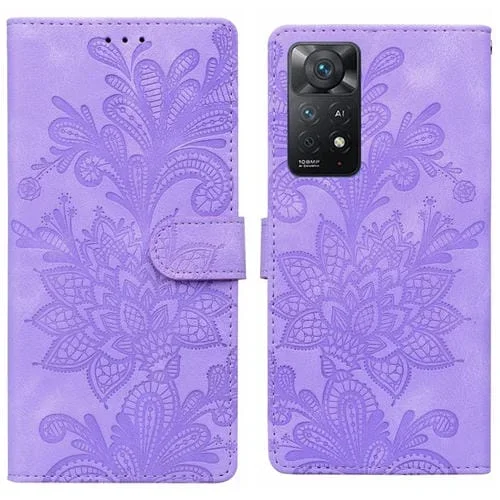 Funda de Teléfono con Hebilla Magnética de Pu con Encaje Floral En Relieve y Correa para la Muñeca para Redmi Note 11 Pro 5G (Morado)