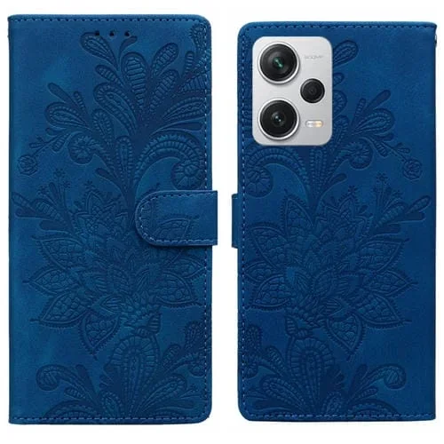 Funda de Teléfono con Hebilla Magnética y Encaje Floral En Relieve para Redmi Note 12 Pro+ 5G Global con Correa para la Muñeca (Azul)
