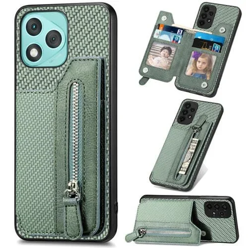 Funda de teléfono con tapa horizontal y cremallera de fibra de carbono para Honor 400 Lite (verde)