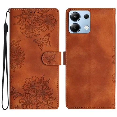 Funda de Teléfono de Pu con Relieve de Piel de Mariposa y Diseño de Flor de Cerezo para Redmi Note 13 4G (Marrón)