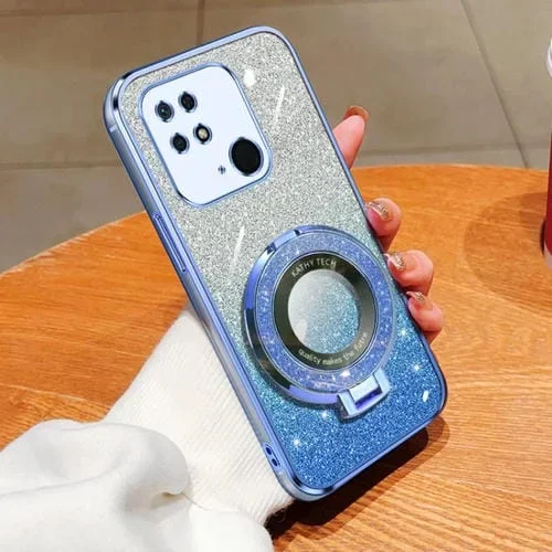Funda de Teléfono de TPU con Soporte Redondo y Purpurina Degradada Chapada En India para Redmi 10C / 10 2022 (Azul Sierra)