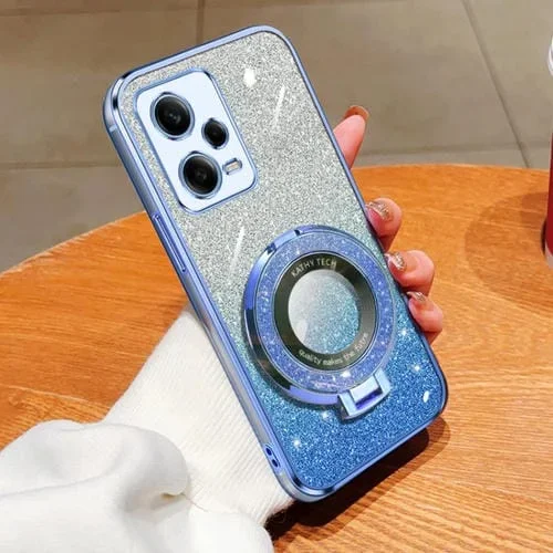 Funda de Teléfono de TPU con Soporte Redondo y Purpurina Degradada Chapada Global para Redmi Note 12 Pro 5G (Azul Sierra)