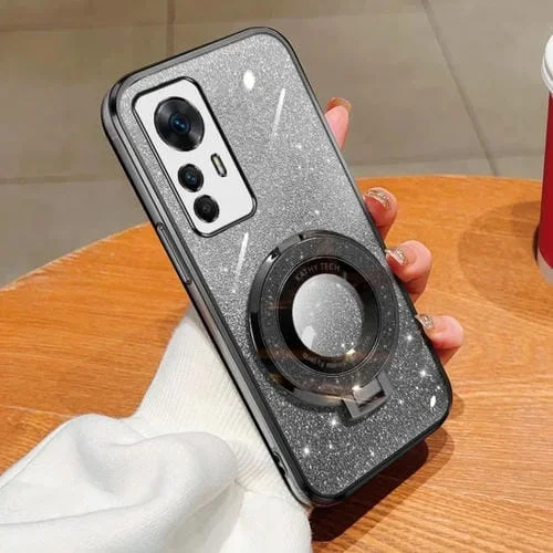 Funda de Teléfono de TPU con Soporte Redondo y Purpurina Degradada Chapada para Redmi K50 Ultra (Negra)