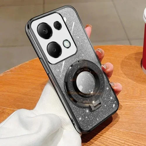Funda de Teléfono de TPU con Soporte Redondo y Purpurina Degradada Chapada para Redmi Note 13 Pro 4G (Negra)