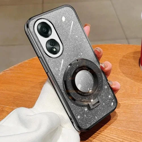 Funda de Teléfono de TPU con Soporte Redondo y Purpurina Degradada para Oppo A58 4G (Negra)