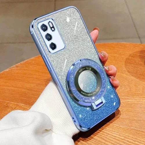 Funda de Teléfono de TPU con Soporte Redondo y Purpurina Degradada para Oppo Reno6 5G (Azul Sierra)