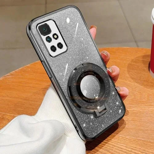 Funda de Teléfono de TPU con Soporte Redondo y Purpurina Degradada Plateada para Redmi 10 (Negra)