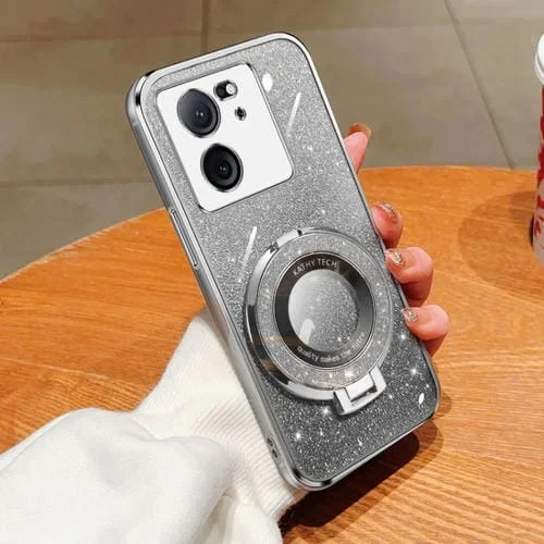 Funda de Teléfono de TPU con Soporte Redondo y Purpurina Degradada Plateada para Redmi K60 Ultra (Plateada)