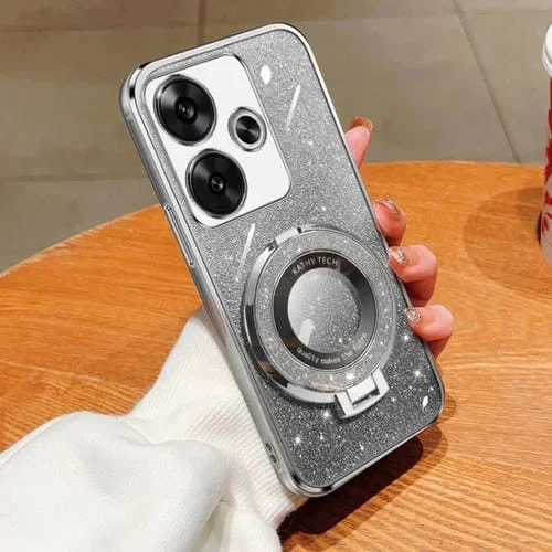 Funda de Teléfono de TPU con Soporte Redondo y Purpurina Degradada Plateada para Redmi Turbo 3 (Plateada)