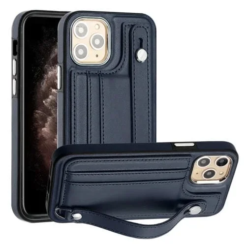 Funda de teléfono iPhone 11 Pro cuero a prueba de golpes con correa para muñeca (Azul)
