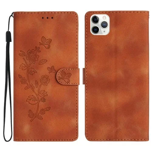 Funda de Teléfono iPhone 11 Pro Cuero Estampado Flores en Relieve (Marrón)