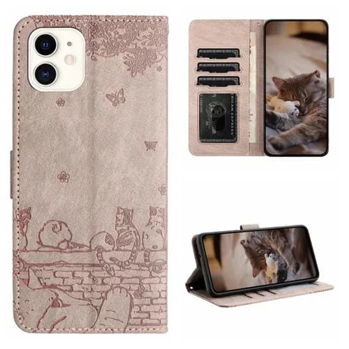 Funda de teléfono iPhone 12 Mini Cat cuero patrón relieve con cordón (Gris)